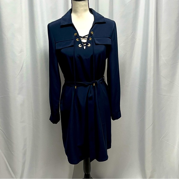 Calvin Klein Navy Blue Lace-Up Belted Shirt Dress Size 8 - Picture 3 of 12